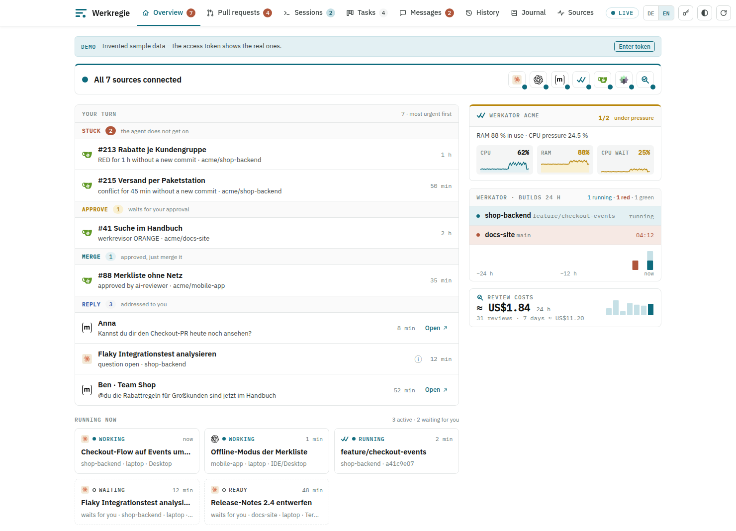 The Werkregie dashboard with invented demo data